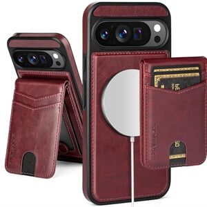 Pixel 10 Pro Red PU Leather Phone Case with Card Holder Kickstand
